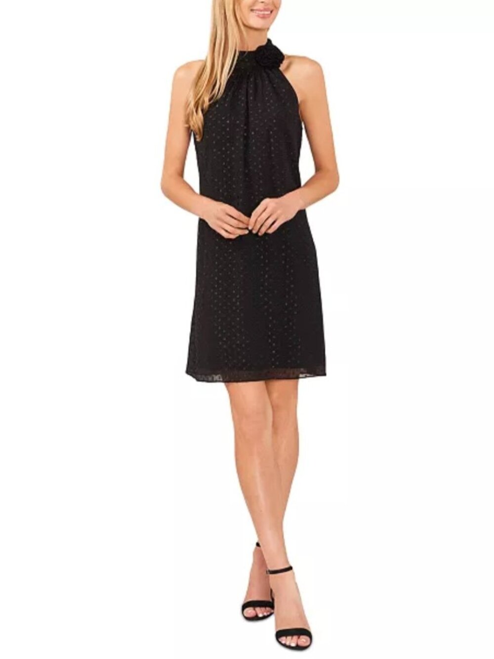 CeCe Metallic Rosette Clip Dot Chiffon Dress Black Mini-dress Mock Neck Size M
